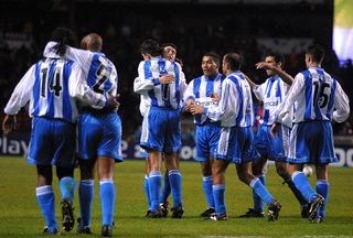 Deportivo La Coruña players celebrate a win over Paris Saint-Germain in the Champions League in November 2000.