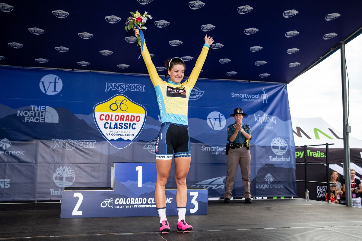Chloe Dygert in yellow after stage 1 at the Colorado Classic