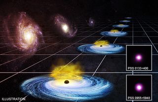 Artist's illustration of quasars, along with observations of two of these superbright objects by NASA's Chandra X-ray Observatory (insets).