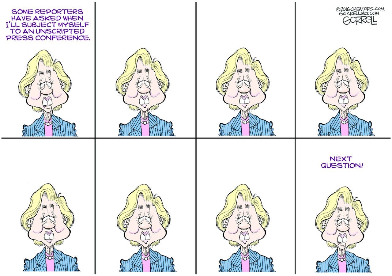 Political cartoon U.S. Hillary Clinton unscripted press conference election 2016