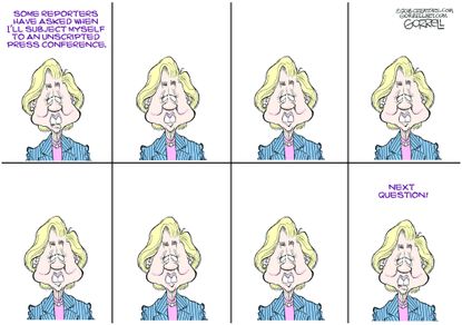 Political cartoon U.S. Hillary Clinton unscripted press conference election 2016