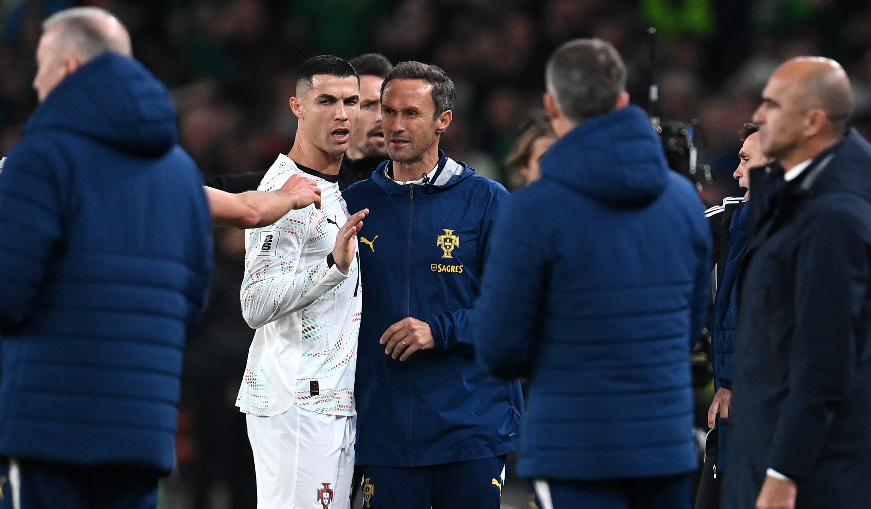 Cristiano Ronaldo of Portugal reacts after being shown a red card during the FIFA World Cup 2026 qualifier match against Republic of Ireland at Aviva Stadium on November 13, 2025 in Dublin, Ireland
