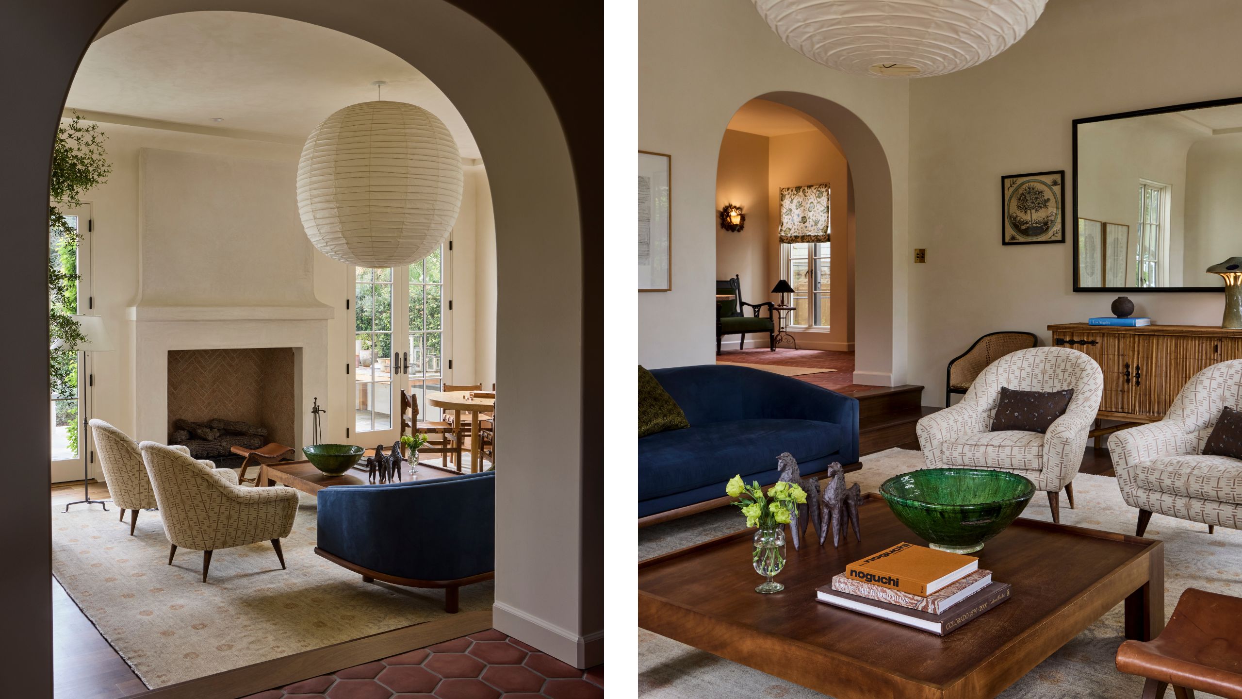 two side by side images of a warm neutral large living room with Spanish architecture, terracotta floor, large fireplace and navy couch and wooden furniture styled with two neutral armchairs