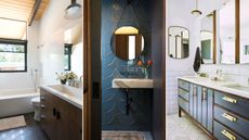 White bathroom with a dark wooden vanity, a dark blue bathroom with scalloped walls, and a white bathroom with a large dark blue vanity