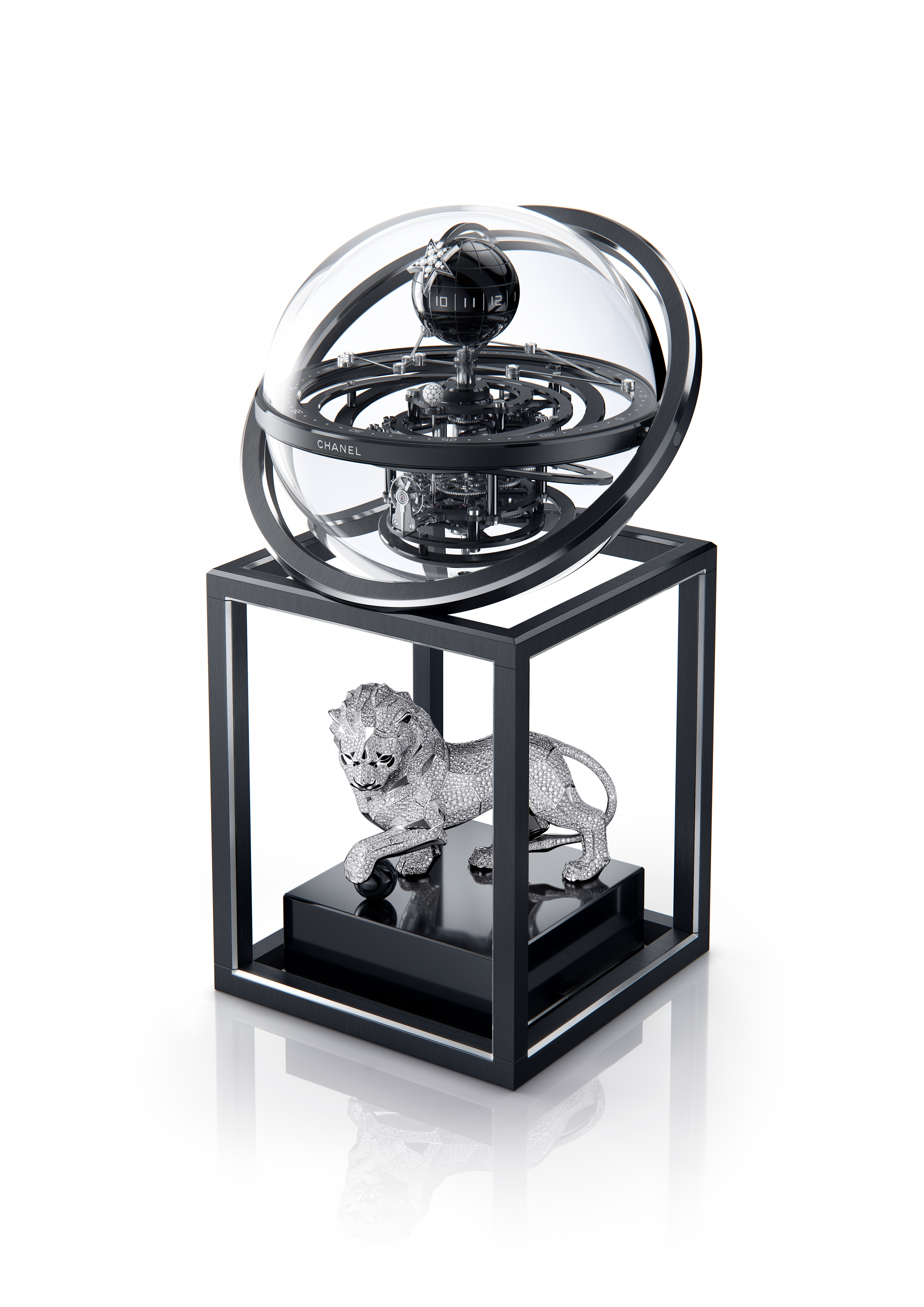 ornate clock with lion figure at base