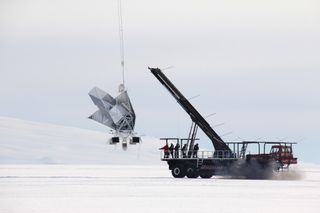 The balloon telescope BLAST-Pol rising in December 2012.