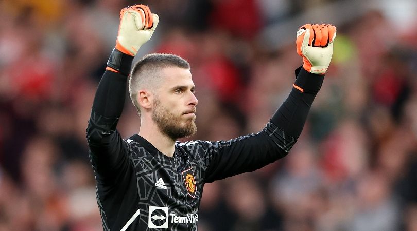 David De Gea celebrates a Manchester United goal against Chelsea in May 2023.