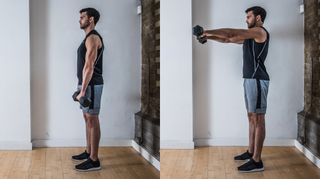 Man performs two positions of the front raise