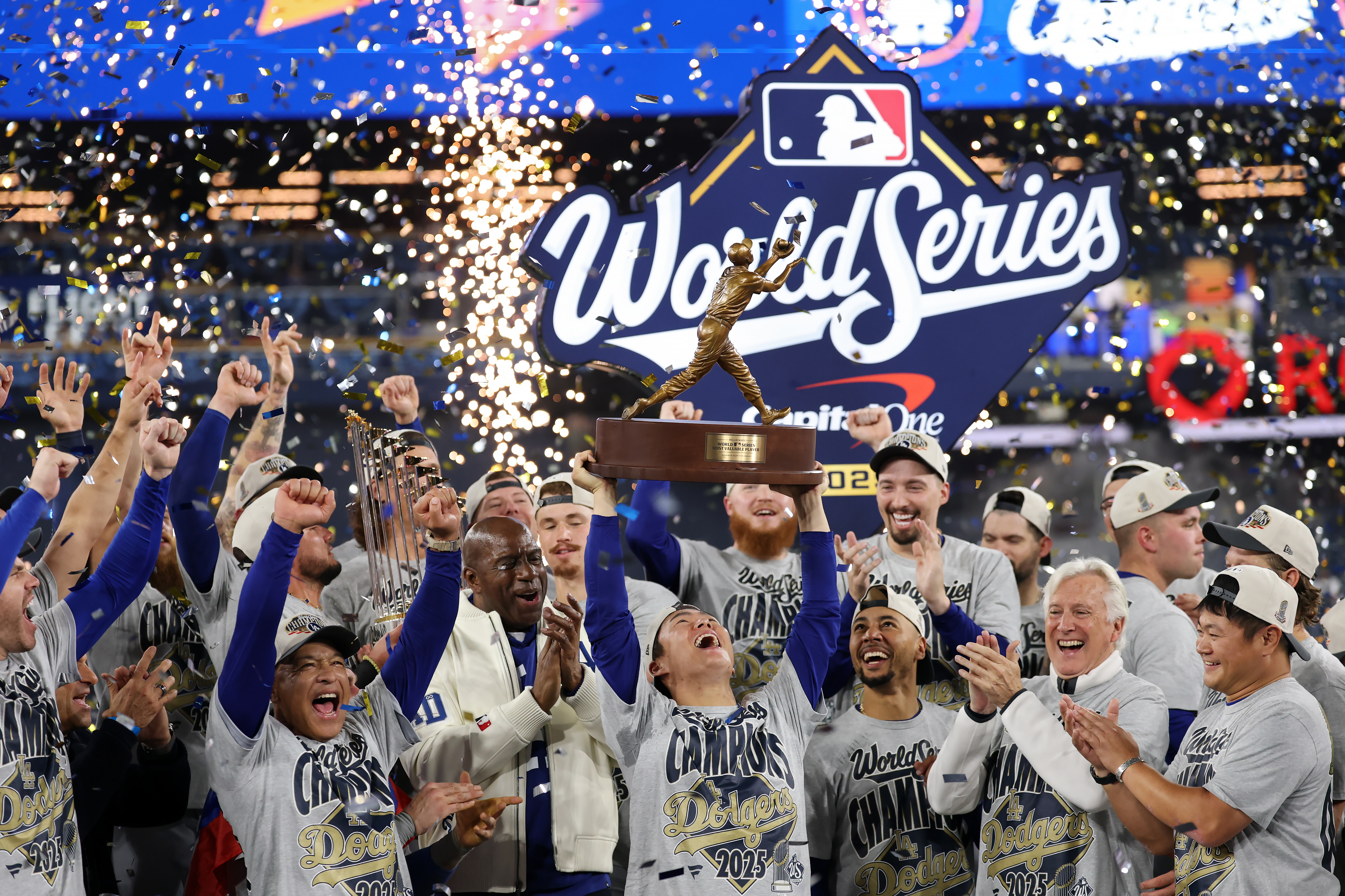 Dodgers players celebrate the team's 2025 World Series victory