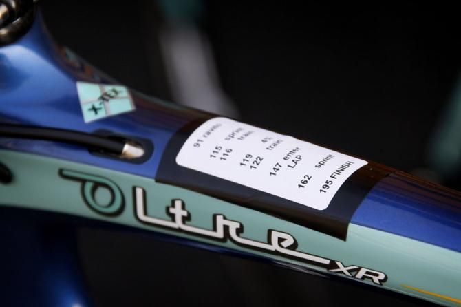 A few key points of the race route taped to a rider's top tube.