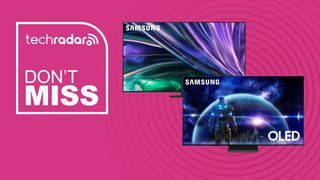 Two Samsung TVs on a pink background with white don't miss text