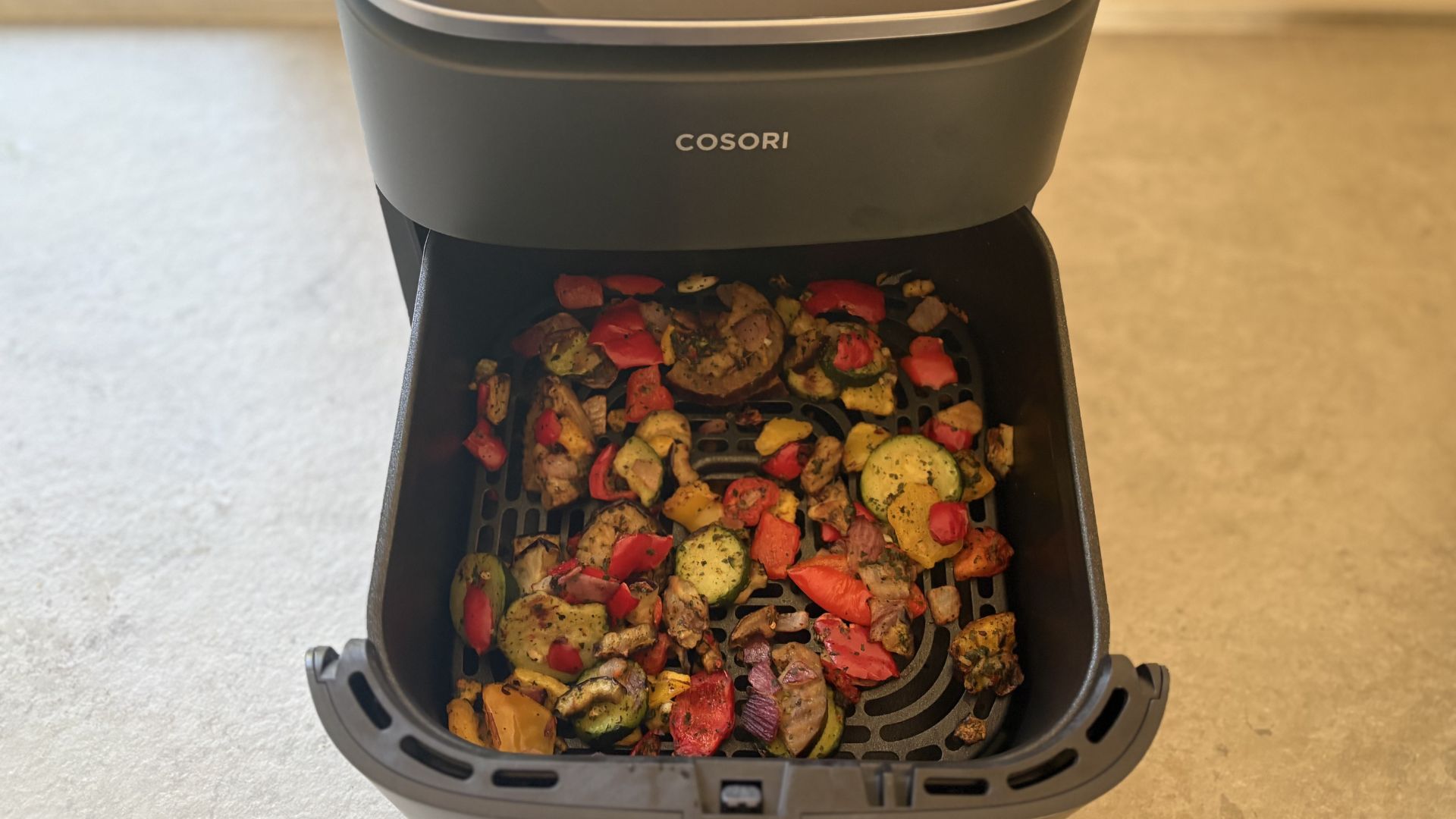Testing the Cosori TurboBlaze 6L Air Fryer showing mediterranean vegetables