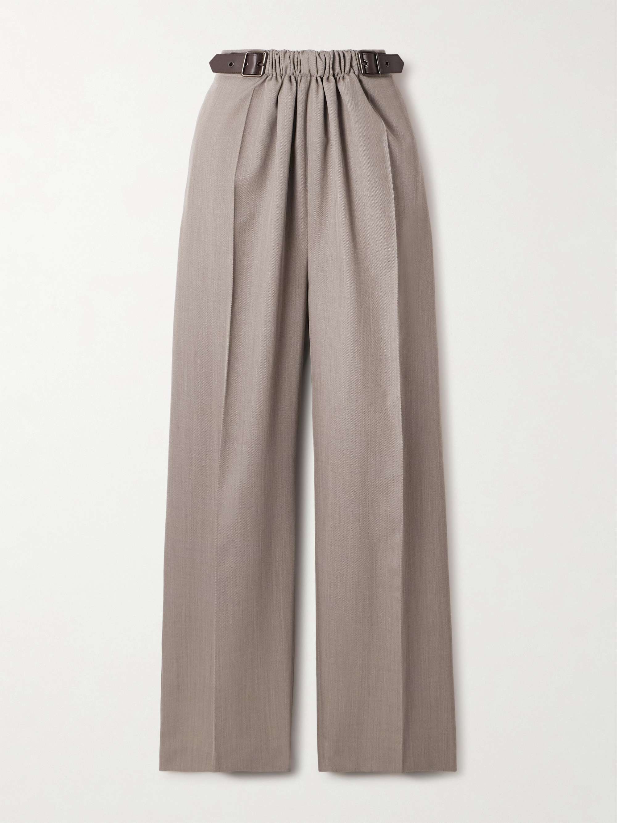 Leather-Trimmed Pleated Wool-Twill Straight-Leg Pants