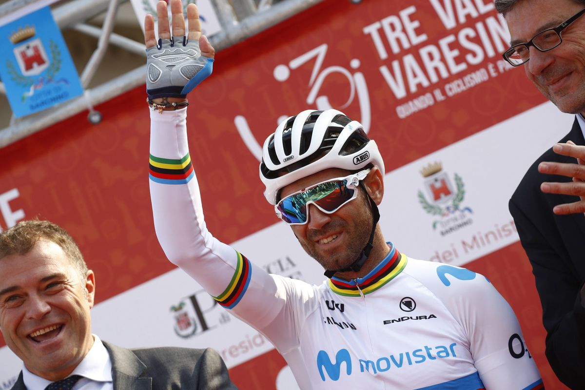 Alejandro Valverde waves to the crowd on the podium