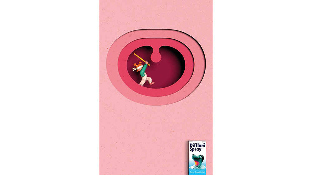 Difflam sore throat ads using a paper cut technique