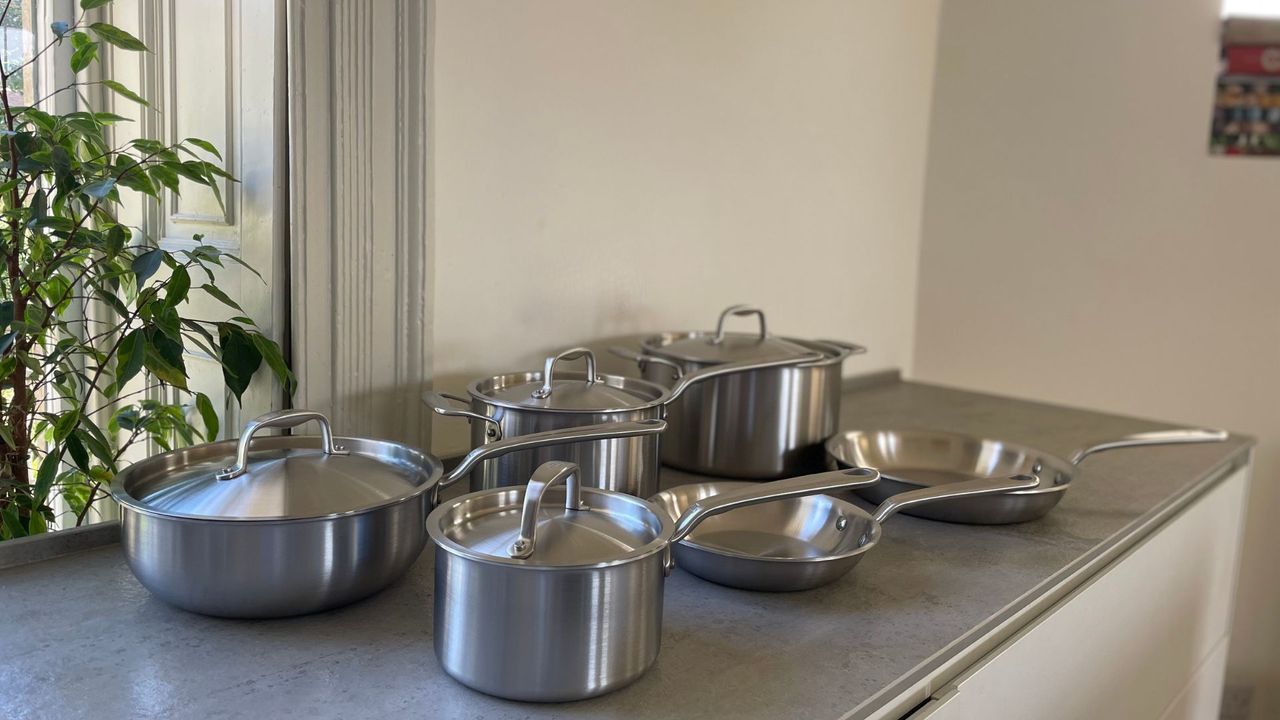 The full Made In 10-piece Stainless Steel Pan Set on a kitchen counter