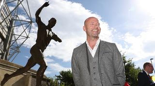 Alan Shearer BBC commentator and pundit at St. James' Park with his statue