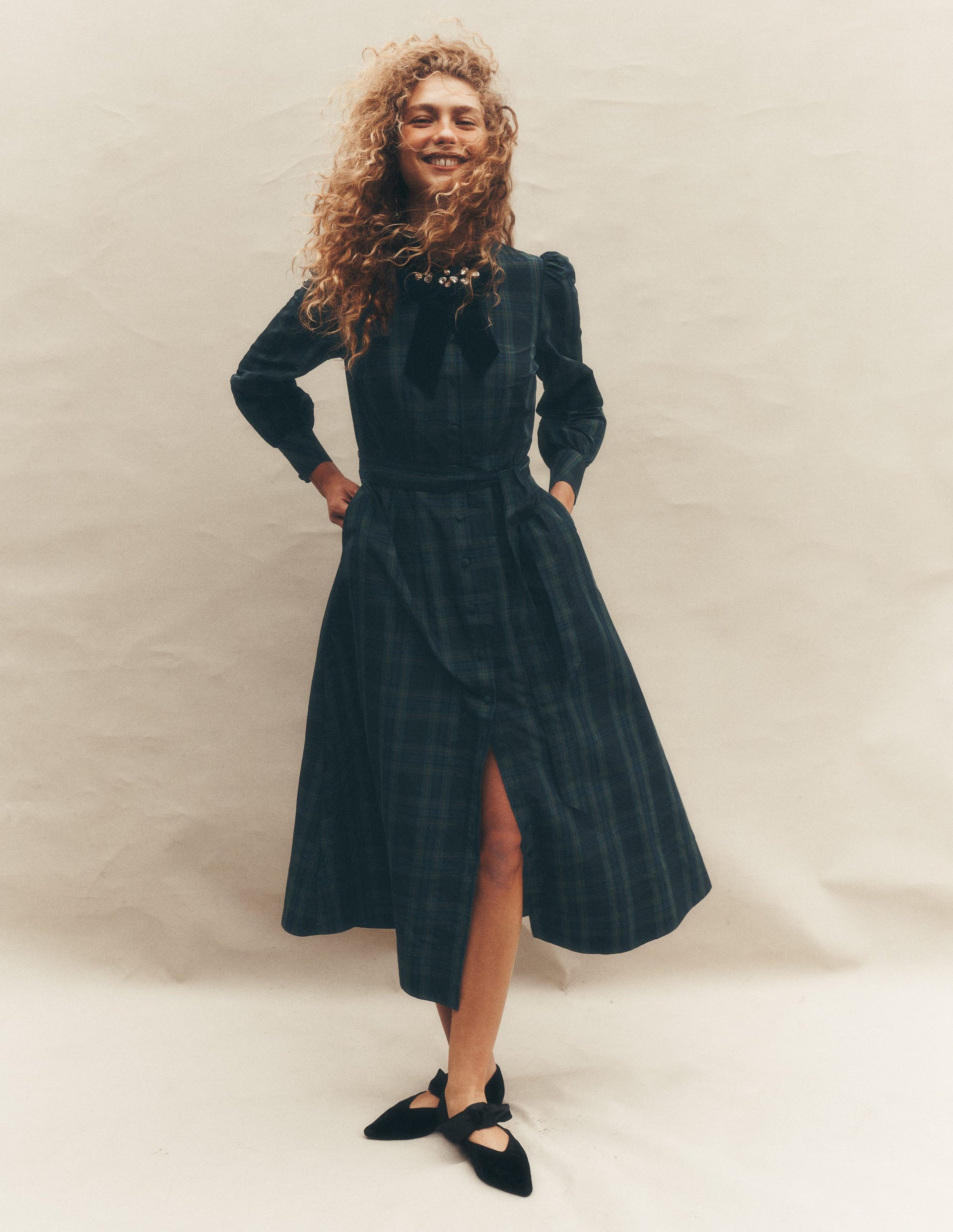 Maeve Occasion Shirt Dress-Navy, Green and Blue Check