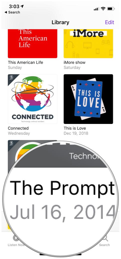 Apple Podcasts Library view with old podcast added via URL