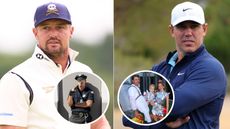 Bryson DeChambeau and Brooks Koepka look on, with various Halloween pictures in circles