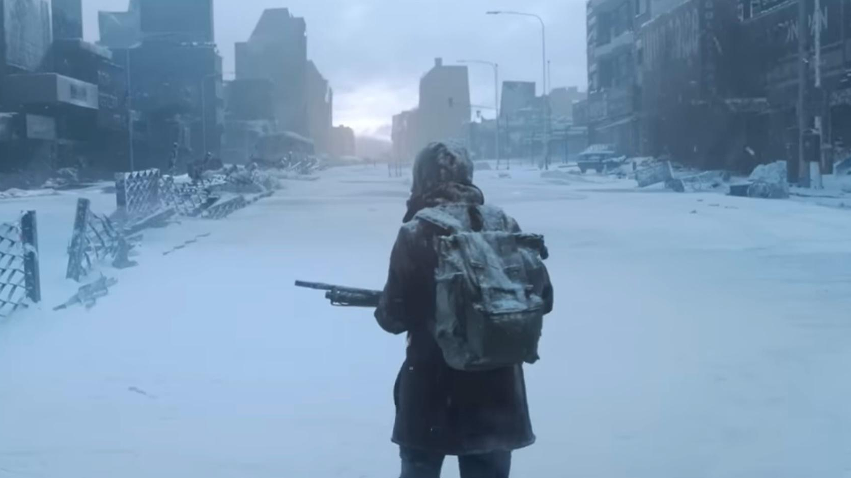 a man walking through deserted, snowy streets holding a shotgun