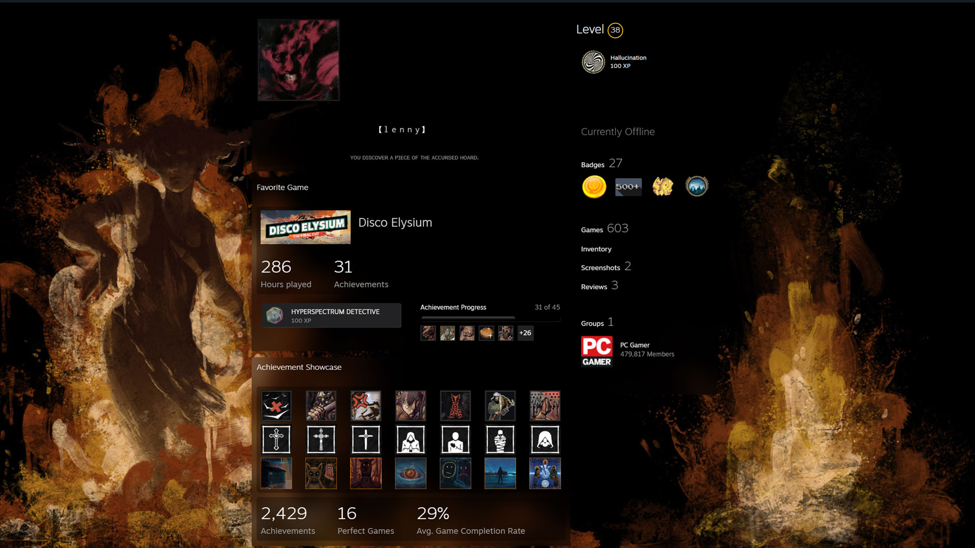 A screenshot of a Steam user profile, decked out with unique showcases, a background, and more custom elements.