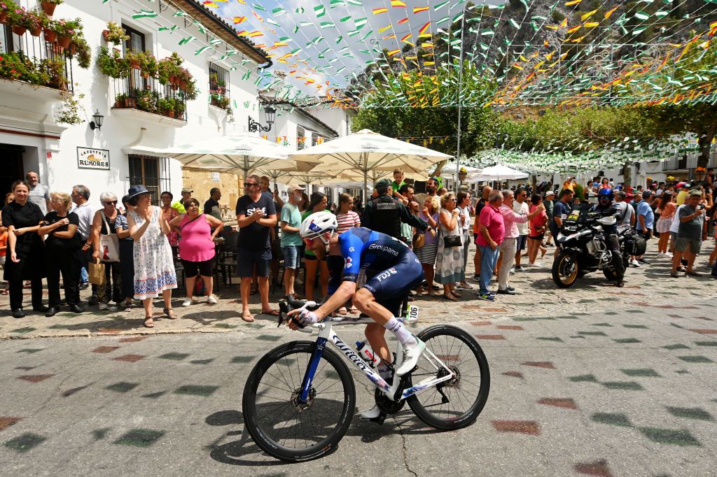 YUNQUERA SPAIN AUGUST 22 Quentin Pacher of France and Team GroupamaFDJ competes passing Grazalema village while fans cheer during the La Vuelta 79th Tour of Spain 2024 Stage 6 a 1855km stage from Jerez de la Frontera to Yunquera UCIWT on August 22 2024 in Yunquera Spain Photo by Dario BelingheriGetty Images