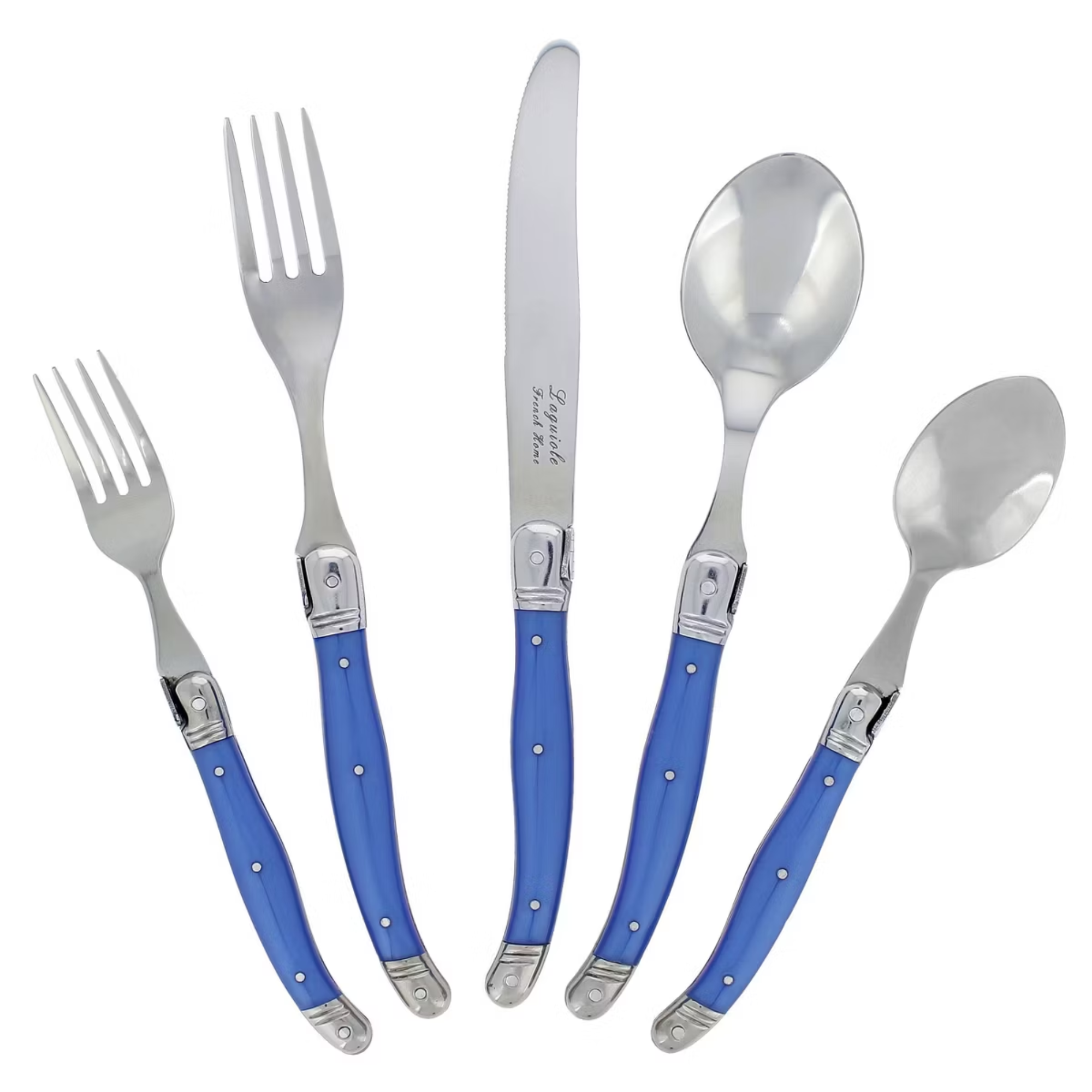 a blue and silver flatware set