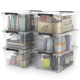 Clear Storage Latch Bins stacked in two columns, three layers