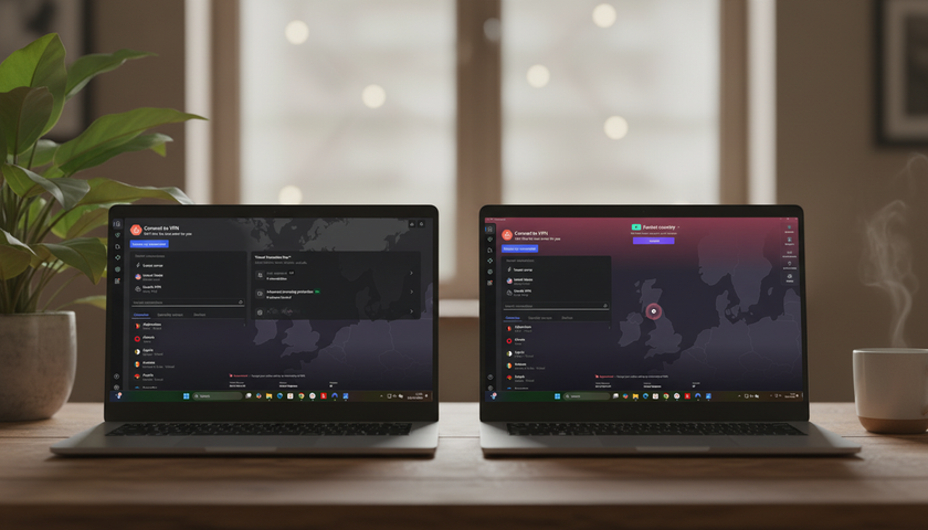 Proton VPN and NordVPN on Windows laptops at a desk
