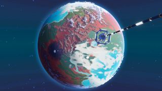 An image of an alien world with mountains, deserts, forests, and seas from Plan B: Terraform. A space elevator cable rises from the surface toward the viewer.