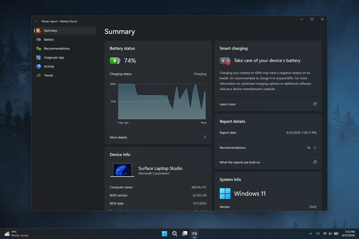 A screenshot of the Battery Flyout application on Windows 11 showing battery metrics, power settings, and usage statistics.