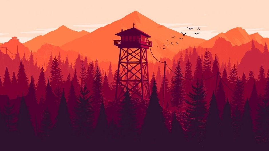 Games like Firewatch: A screenshot of the woods during a red sunset. 