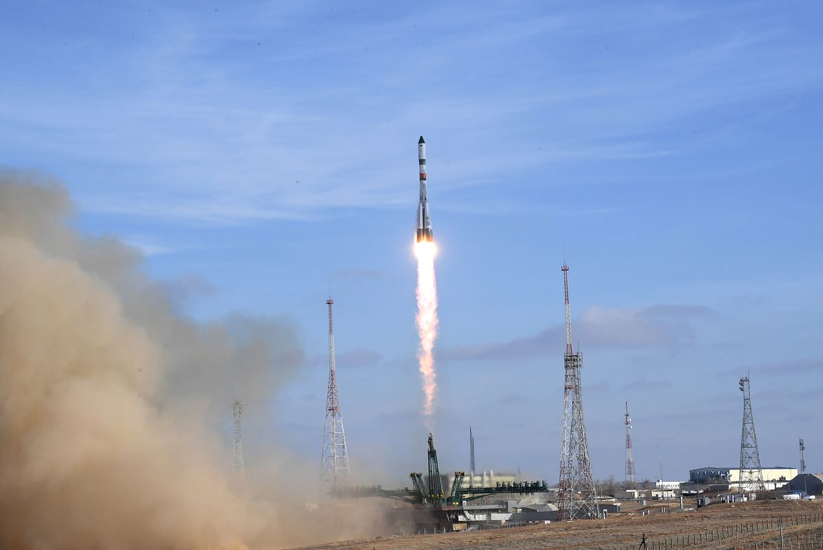 A Russian Soyuz rocket launches a robotic Progress 74 cargo spacecraft toward the International Space Station from Baikonur Cosmodrome in Kazakhstan on Dec. 6, 2019.