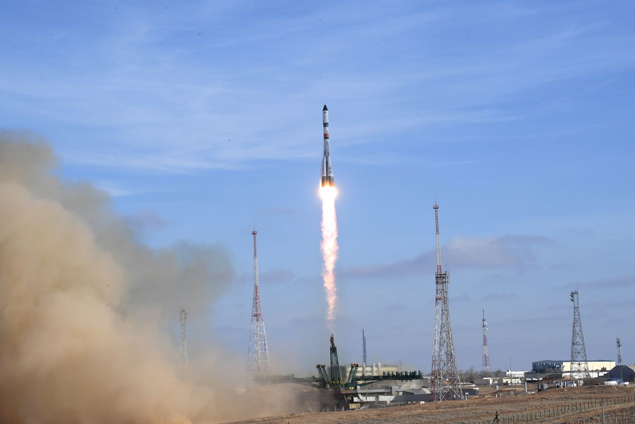 A Russian Soyuz rocket launches a robotic Progress 74 cargo spacecraft toward the International Space Station from Baikonur Cosmodrome in Kazakhstan on Dec. 6, 2019.
