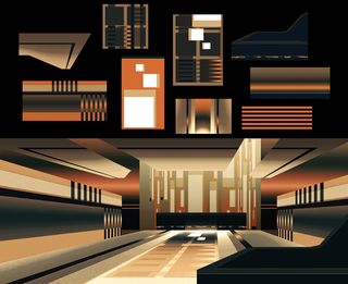 Stylised futuristic room made up of orange and black gradients