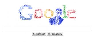 Google logo and a drawing of JFK made up of lines from his speech