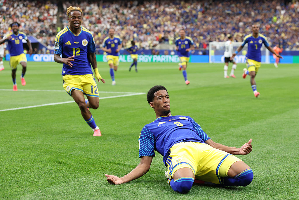 Livano Comenencia #8 of Curacao celebrates scoring his team's first goal during the FIFA World Cup 2026 Group E match between Germany and Curacao at Houston Stadium on June 14, 2026 