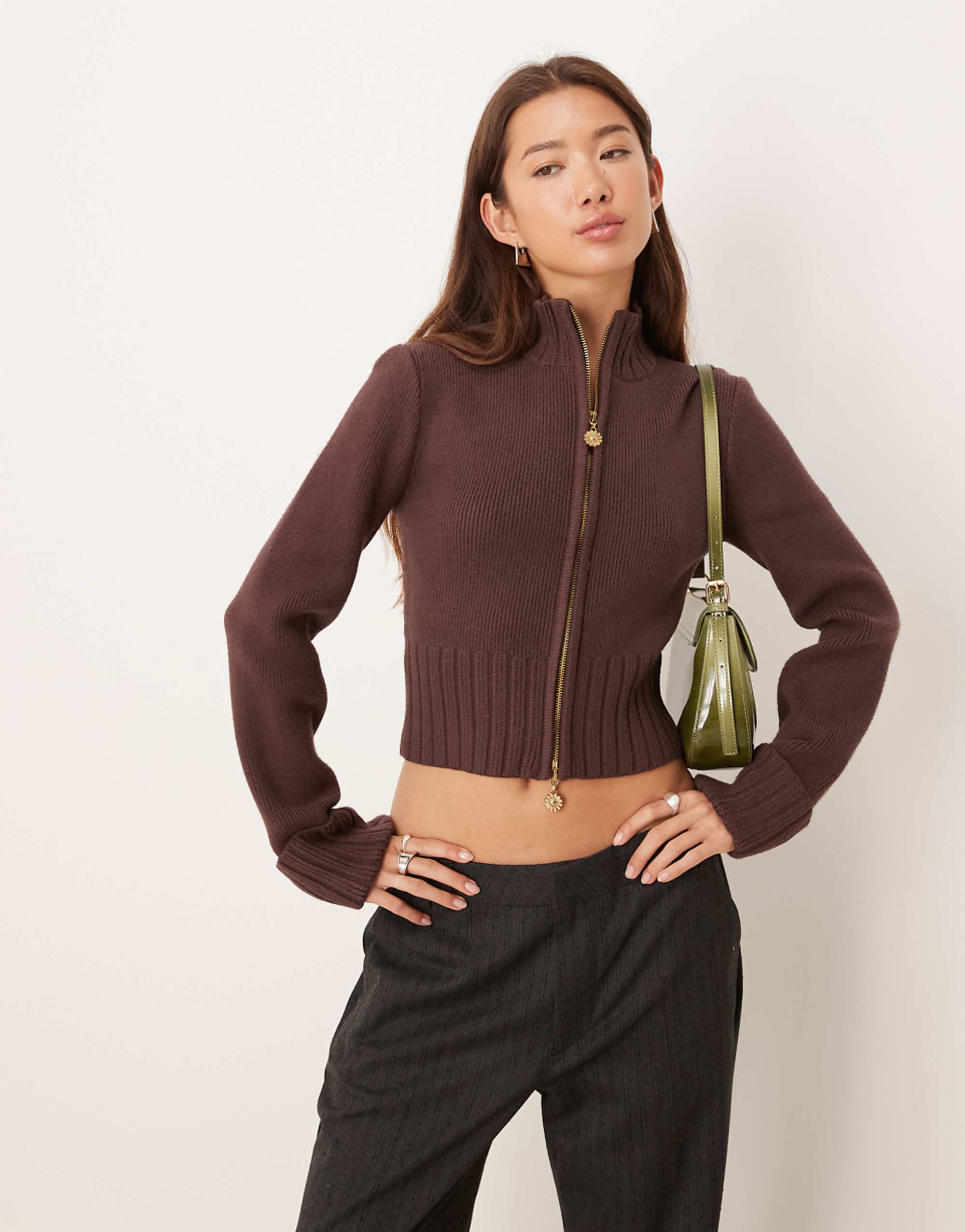 House of Sunny Zip Through Jumper in Rosewood Brown