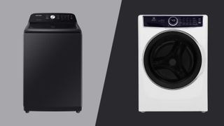 Samsung and Electrolux washing machines on two tone grey background