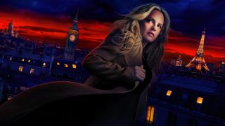 Elisabeth Moss looms over London and Paris in promo art for FX's The Veil.