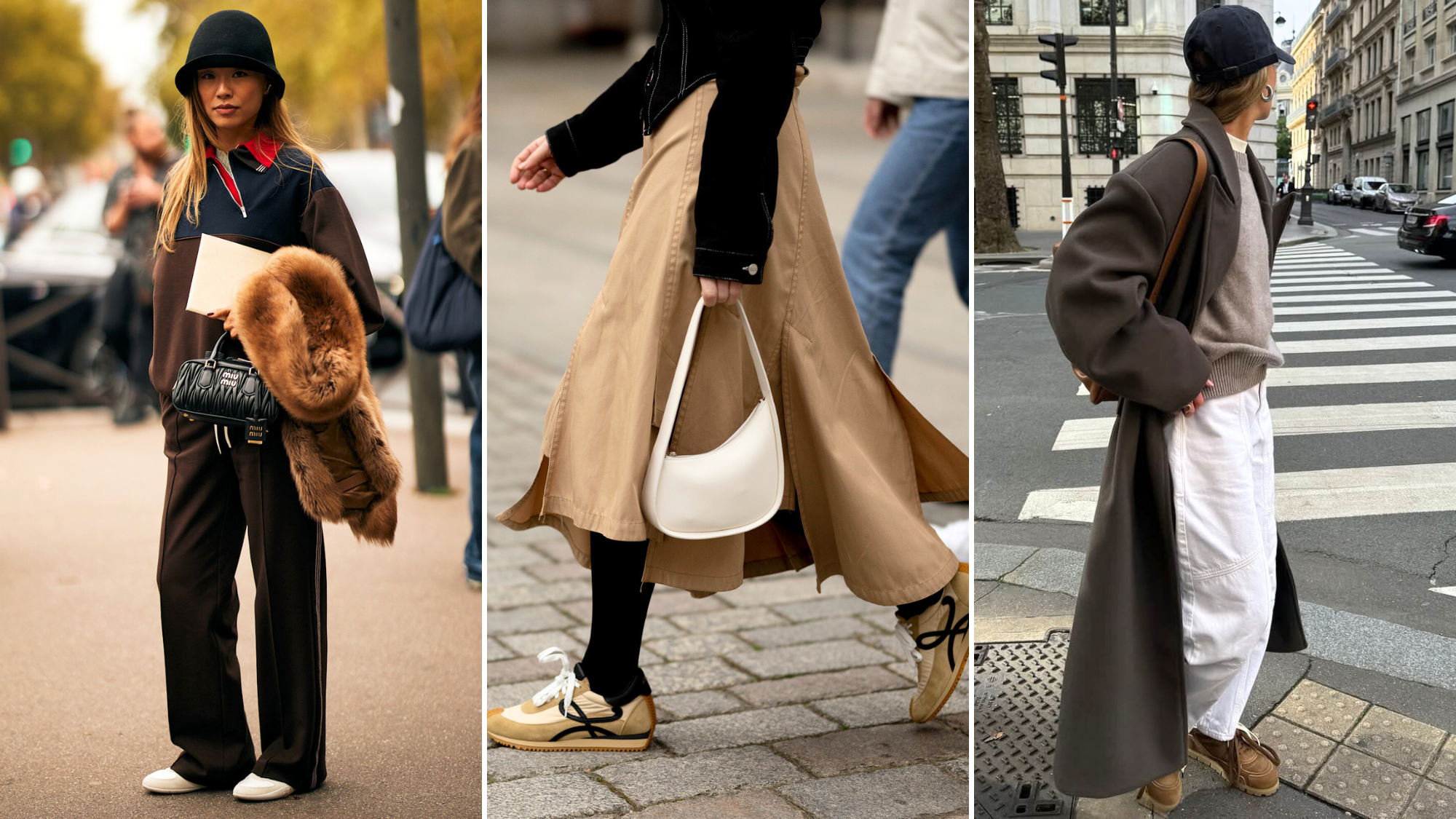 Three women wearing trainers during fashion week
