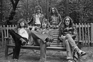 Heep in Holland Park, London, 1974: (l-r) Gary Thain, David Byron, Lee Kerslake, Mick Box and Ken Hensley