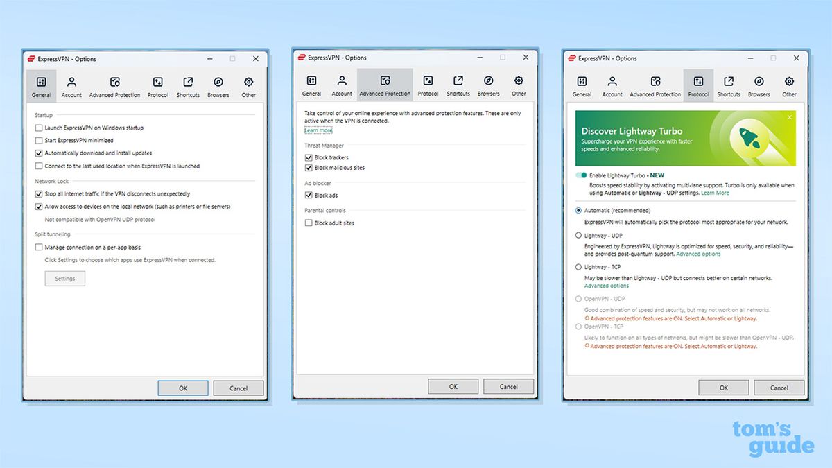 Three screenshots displaying ExpressVPN's settings on its Windows app.
