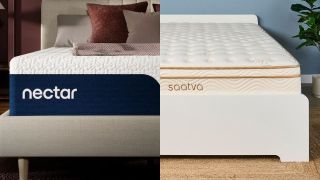 A side by side comparison of a Nectar Memory Foam mattress and a Saatva hybrid pillow-top mattress