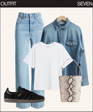 denim shirt, high waisted jeans, black sneakers, and snakeskin bag