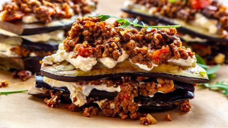 Aubergine lasagne on baking paper