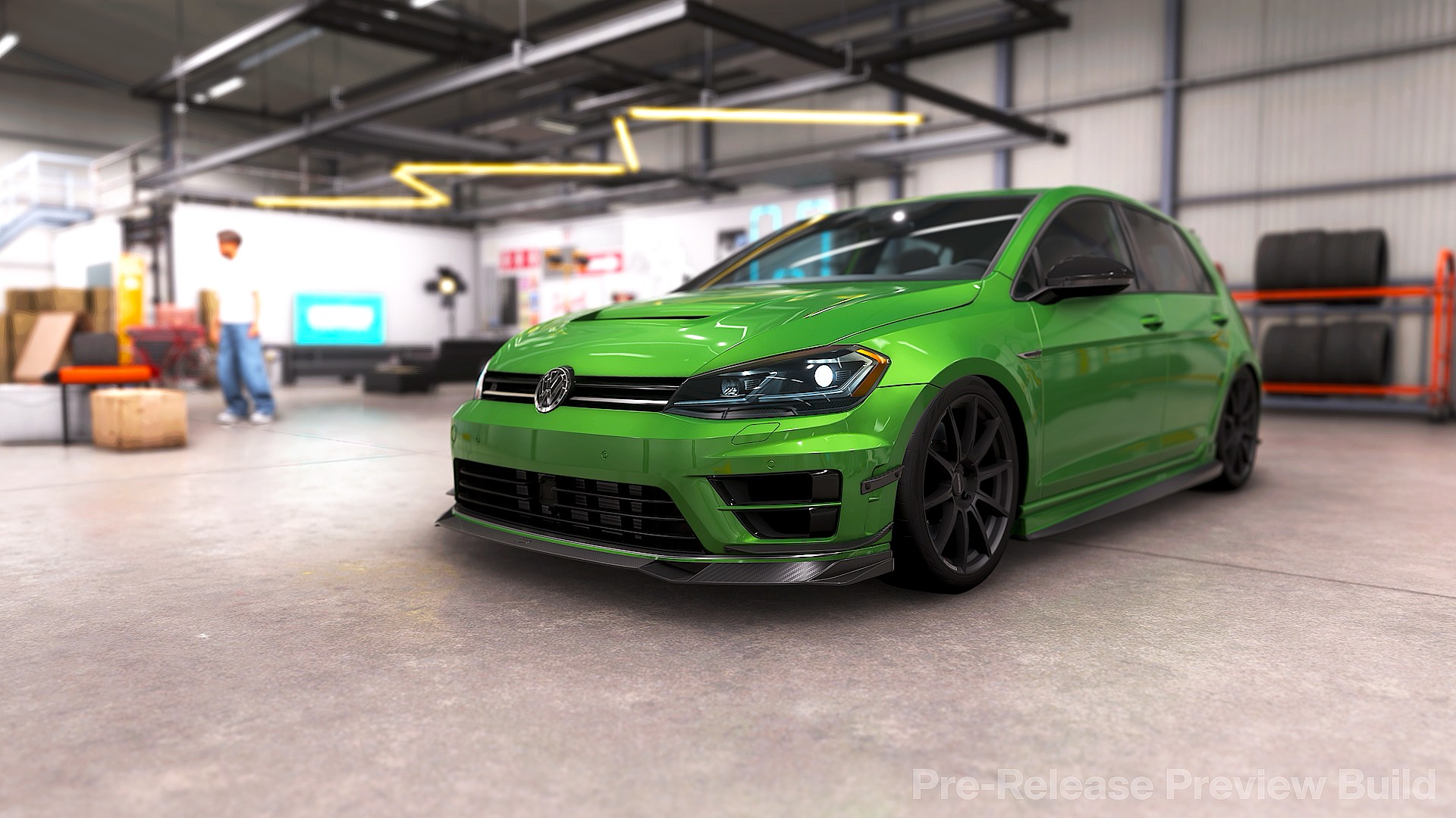 A vibrant green VW Golf R hatchback car is parked in a clean garage in Forza Horizon 6. The setting is industrial with steel beams and stacked tires. The atmosphere is modern and sleek.