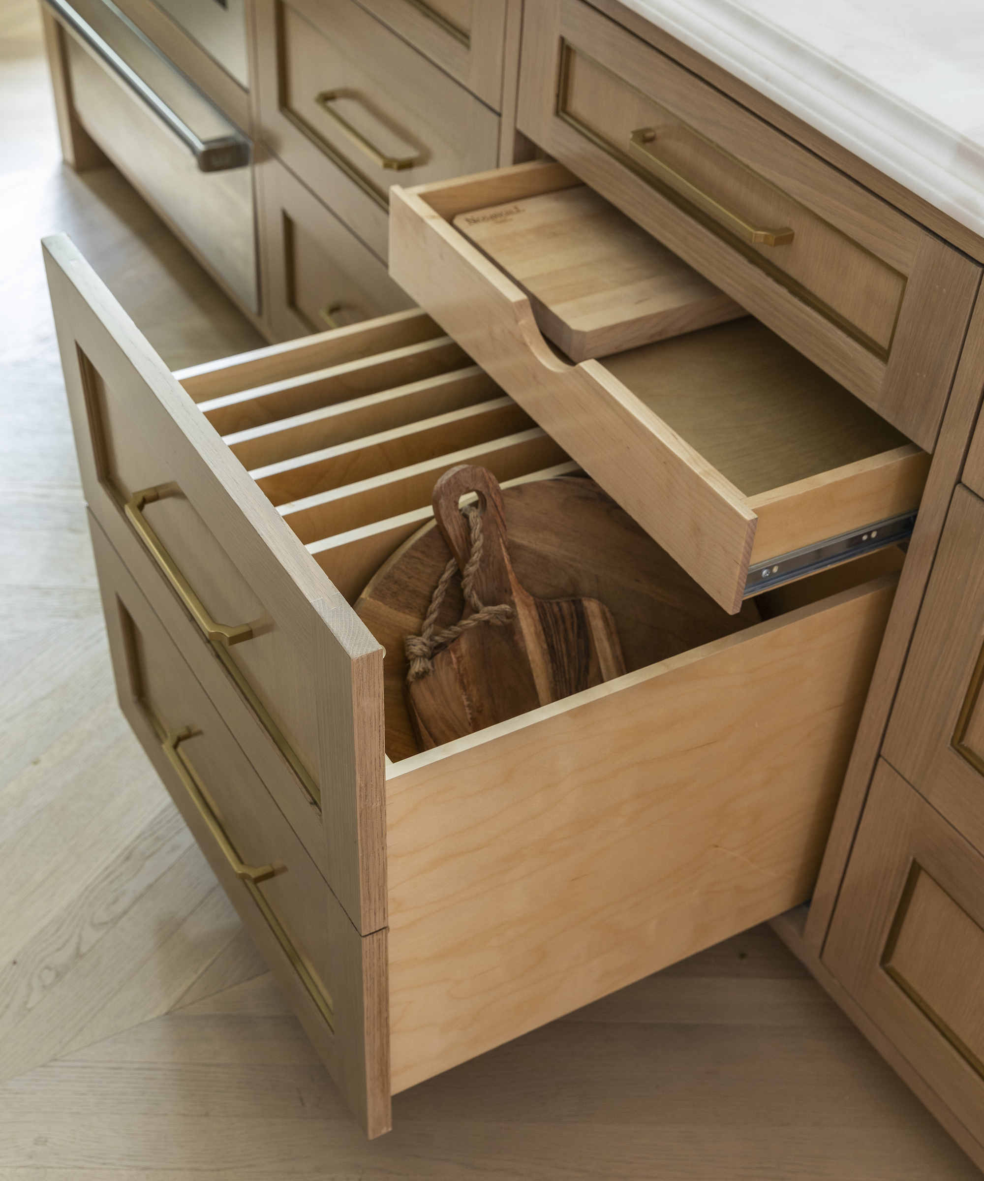 wooden drawers with storage dividers