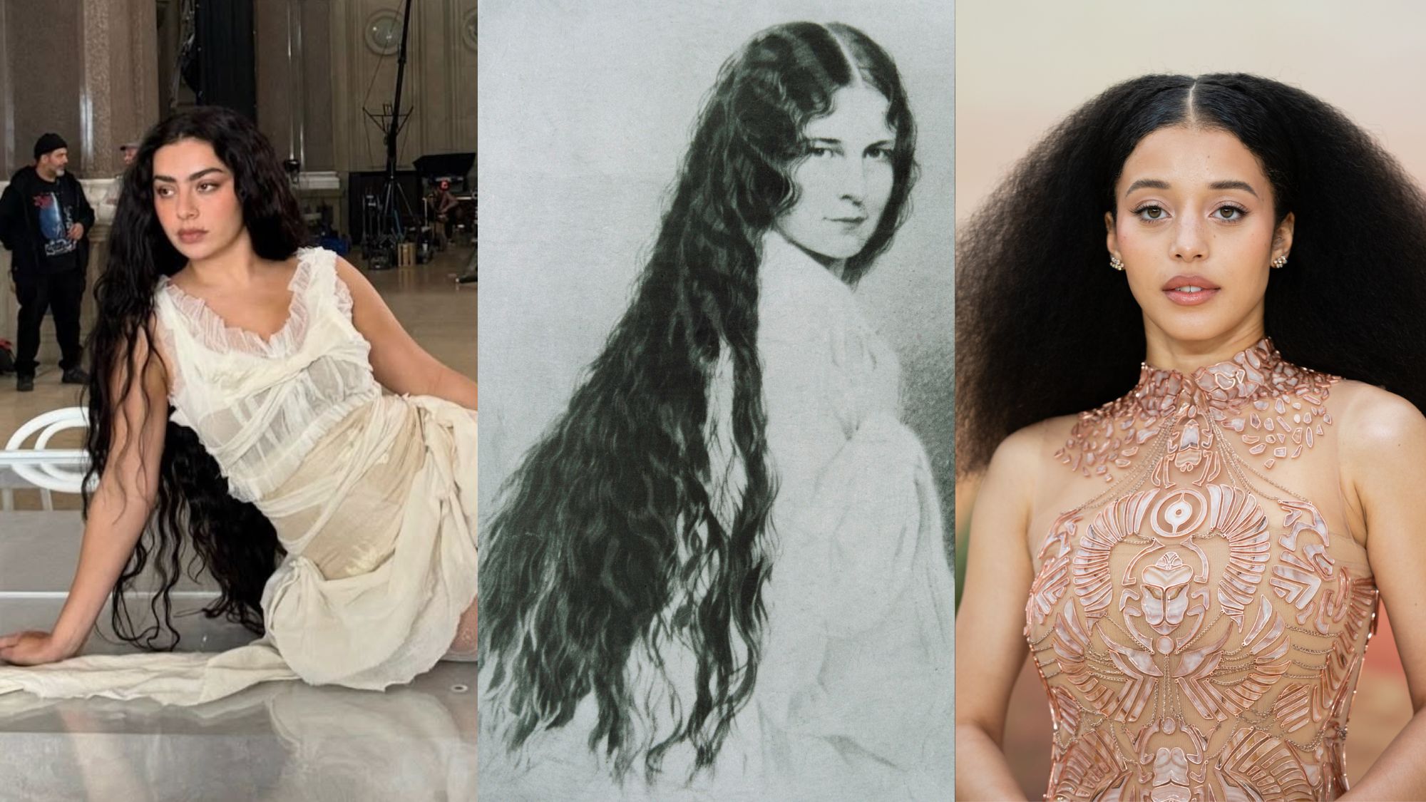Image of Charli XCX in a white sheer dress; Empress Elisabeth with her hair open, Posthumously portrait by Andreas Wildhack, Around 1900, Watercolor; Chase Infiniti attends the "One Battle After Another" London Premiere at Odeon Luxe Leicester Square on September 16, 2025 in London, England.